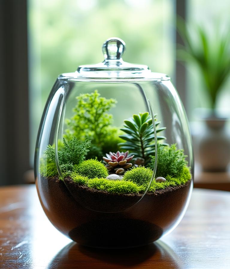 Elegante terrario in vetro con stratificazione di muschio e piante grasse